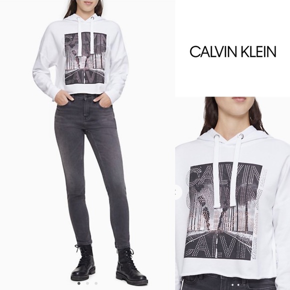 Calvin Klein Tops - Calvin Klein Rhinestone Logo Cropped Hoodie Sz M